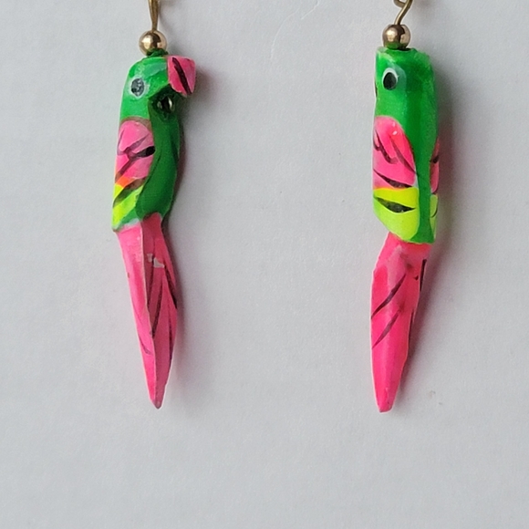 Hand Painted Wood Parrot Earrings Neon - Picture 3 of 7
